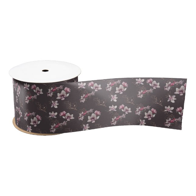 Bridal Dusty Burgundy Watercolor Flowers and Birds Satin Ribbon (Spool)