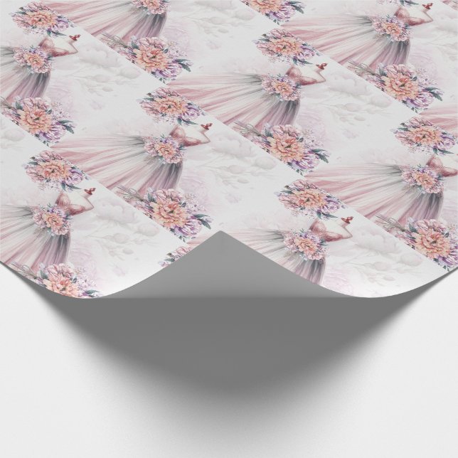 Bridal Gown and Botanical Boutquets Pink Wrapping Paper (Corner)