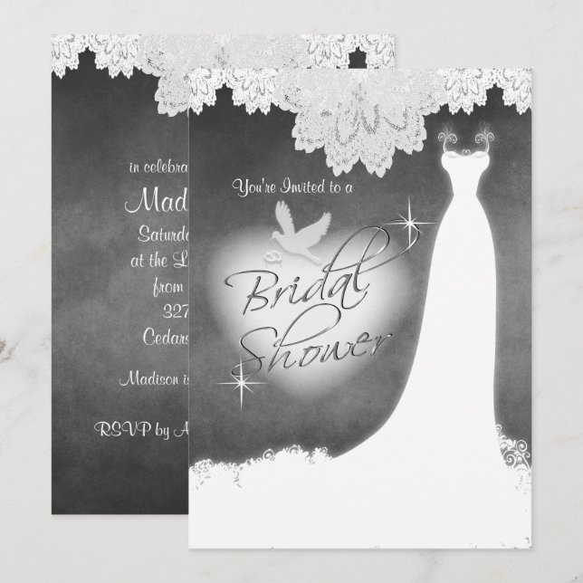 Bridal Gown on Chalkboard with Lace & White Dove Invitation (Front/Back)