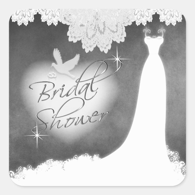 Bridal Gown on Chalkboard with Lace & White Dove Square Sticker (Front)