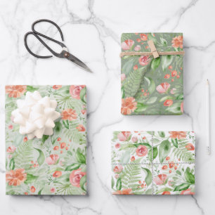 Bridal Green and Pink Tropical Flowers and Ferns Wrapping Paper Sheet