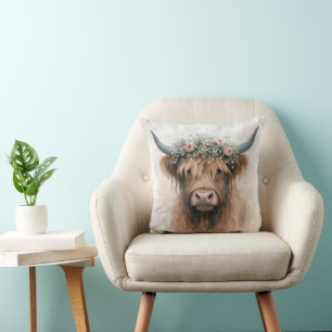 Bridal Highland Cow Wearing a Floral Crown Throw Pillow