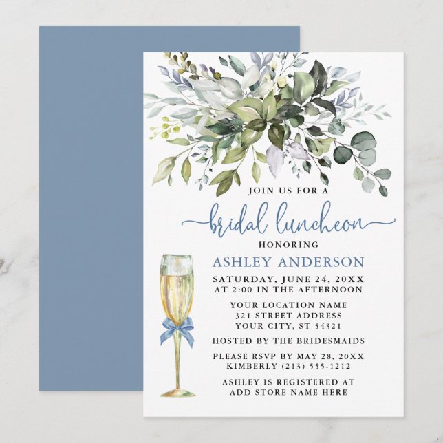 Bridal Luncheon Greenery Dusty Blue Glass Invitation (Front/Back)