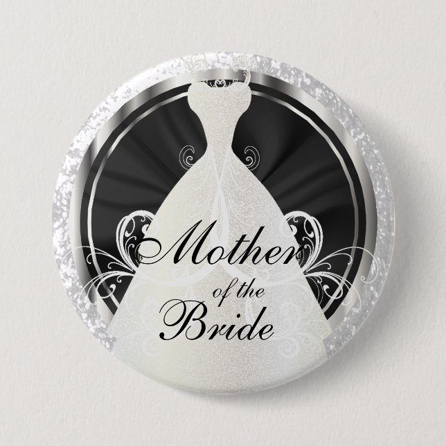 Bridal Party | Black, White & Silver Accents 3 Inch Round Button (Front)