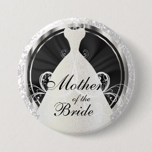 Bridal Party   Black, White & Silver Accents 3 Inch Round Button