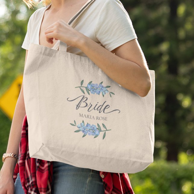 Bridal Party Blue Floral Bride Personalized Large Tote Bag (Creator Uploaded)