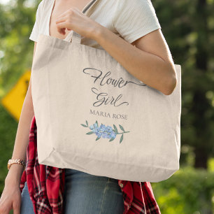 Bridal Party Blue Floral Flower Girl Personalized Large Tote Bag