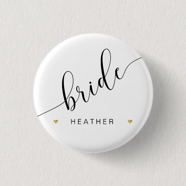 Bridal Party Bride Script Simple Modern Gold Heart 1 Inch Round Button (Front)