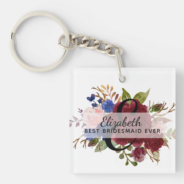 Bridal Party Bridesmaids Gift Burgundy Blue Named Keychain (Front)