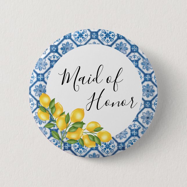 Bridal Party Shower Button - Blue Tile and Lemons (Front)