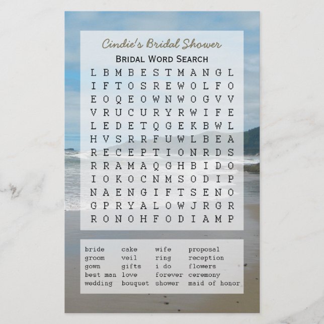 Bridal Party Shower Word Search Game, Beach (Front)