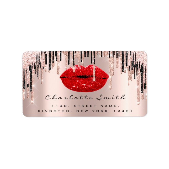 Bridal RSVP Kiss Rose Red Lips DripsGlitter Makeup Label (Front)