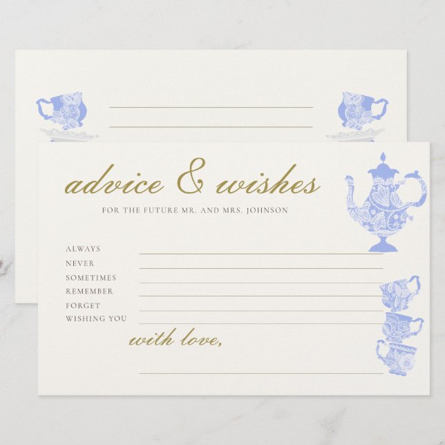 Bridal Shower Advice Game Tea Set China Lace Gold Stationery (Front/Back)