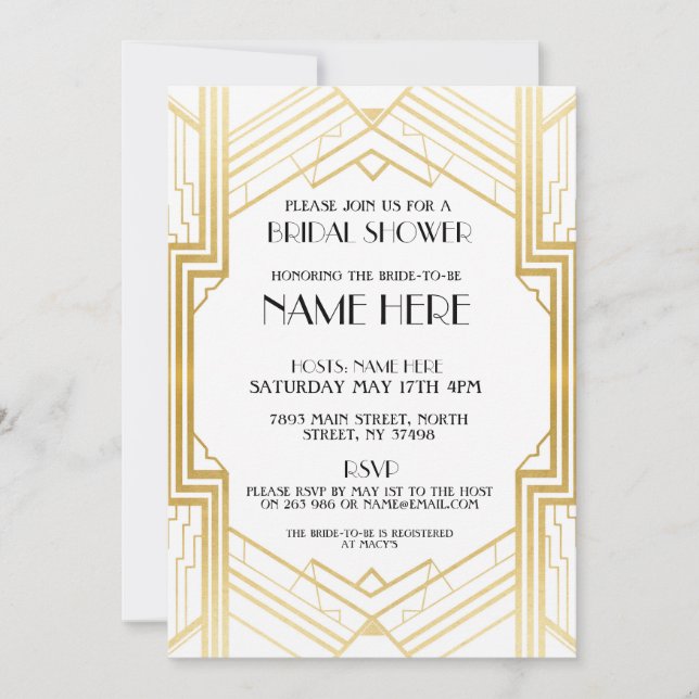 Bridal Shower Art Deco 1920's Gold Party Invite (Front)