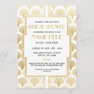 Bridal Shower Art Deco 1920's White and Gold Party Invitation