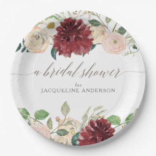 Bridal Shower Autumn Burgundy Roses Leaf Floral Paper Plate