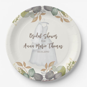 Bridal Shower Autumn Leaves Wedding Dress Elegant  Paper Plate