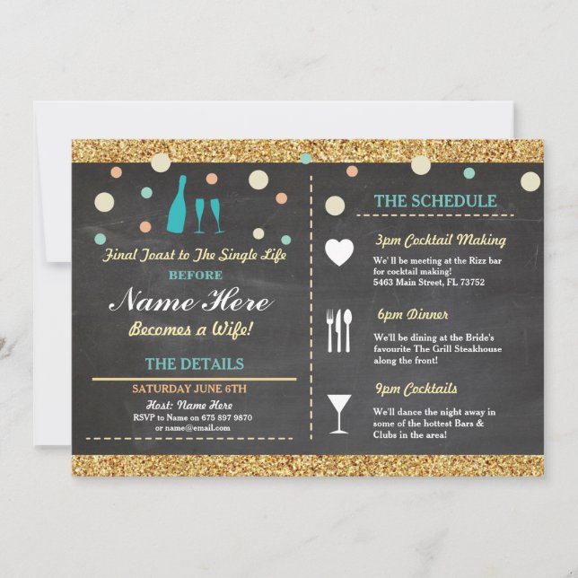 Bridal Shower Bachelorette Glitter Itinerary Blue Invitation (Front)