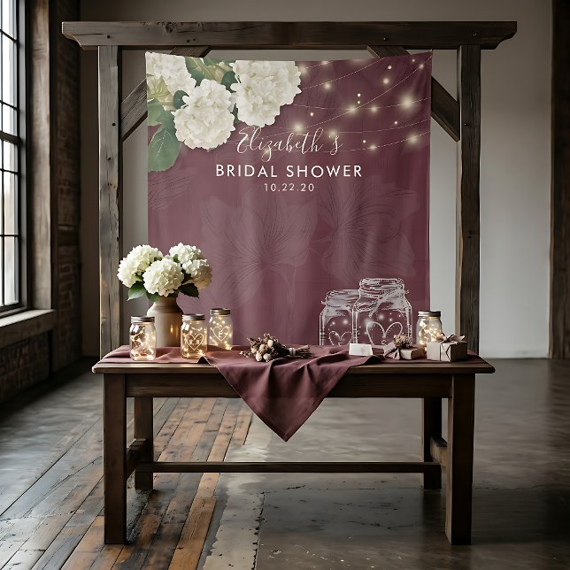 Bridal Shower Backdrop Mason Jars Hydrangea Lights Tapestry (Creator Uploaded)