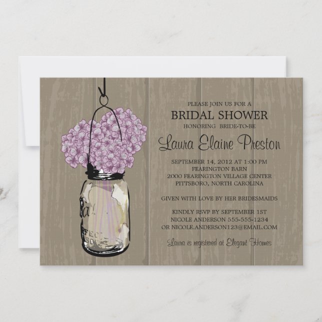 Bridal Shower Barn Wood Mason Jar Hydrangeas Invitation (Front)