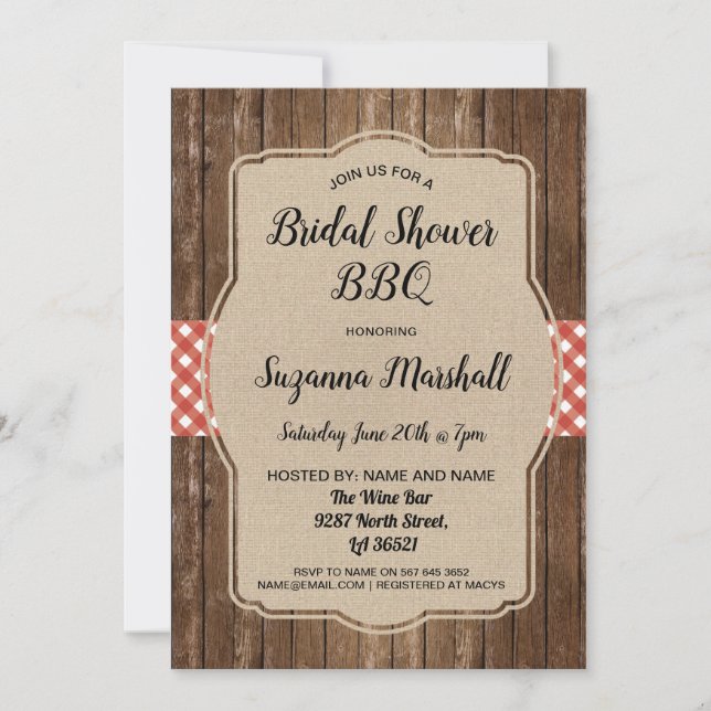 Bridal Shower BBQ Invite Red Gingham Burlap (Front)