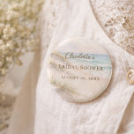 Bridal Shower beach coastal elegant 2 Inch Round Button<br><div class="desc">Add a charming and memorable detail to your celebration with this elegant beach bridal shower button. Featuring a soft coastal shoreline design with sandy dunes, gentle ocean waves, and refined typography, this round button perfectly complements seaside bridal showers and summer pre-wedding celebrations. The romantic coastal aesthetic makes it a beautiful...</div>