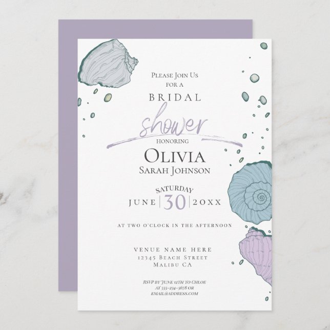 Bridal Shower | Beach Seashells Lilac Dusty Blue Invitation (Front/Back)