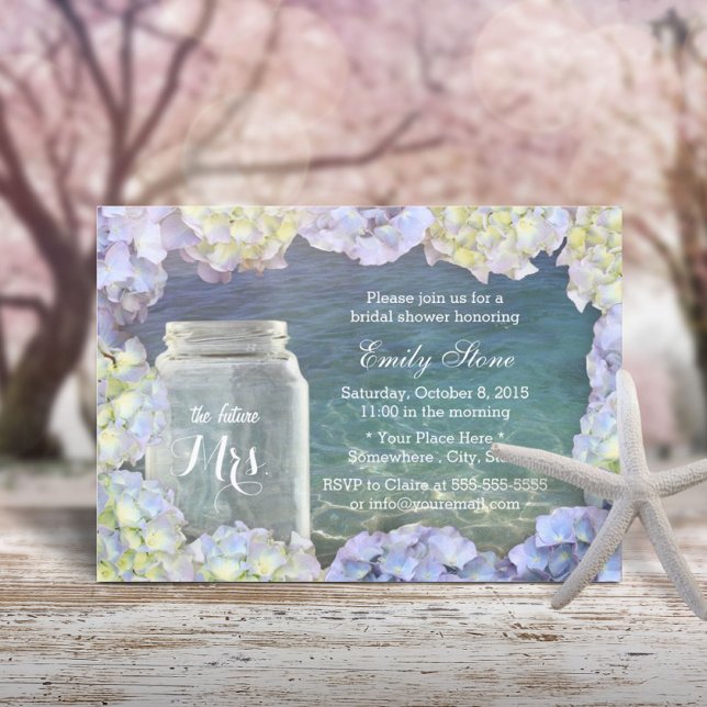 Bridal Shower Beach Wedding Mason Jar & Hydrangea Invitation (Creator Uploaded)