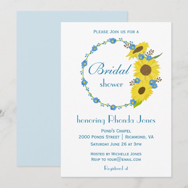 Bridal Shower Beauty Sunflower Blue and White Invitation (Front/Back)
