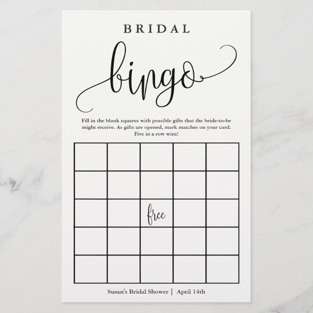 Bridal Shower Bingo Calligraphy Paper Game Card (Front)