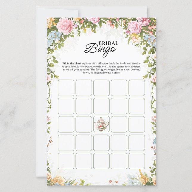 Bridal Shower Bingo Game Card Garden Party Theme (Front)