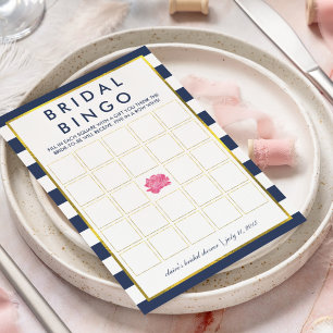 Bridal Shower Bingo Game Card Navy Stripe Peony