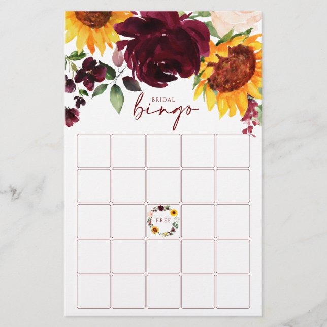 Bridal Shower Bingo Game Sunflowers Burgundy Roses (Front)