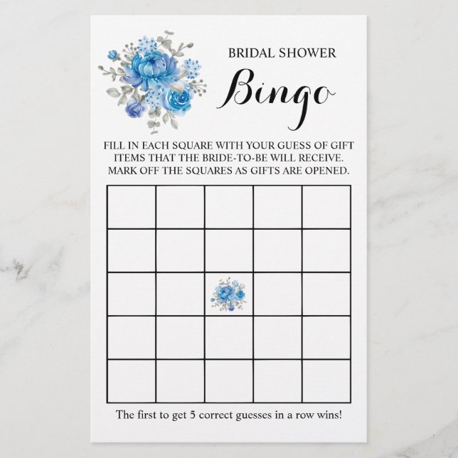 Bridal Shower Bingo Greenery Blueflower Game Card (Front)