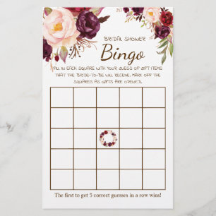 Bridal Shower Bingo Marsala Flowers Game Card