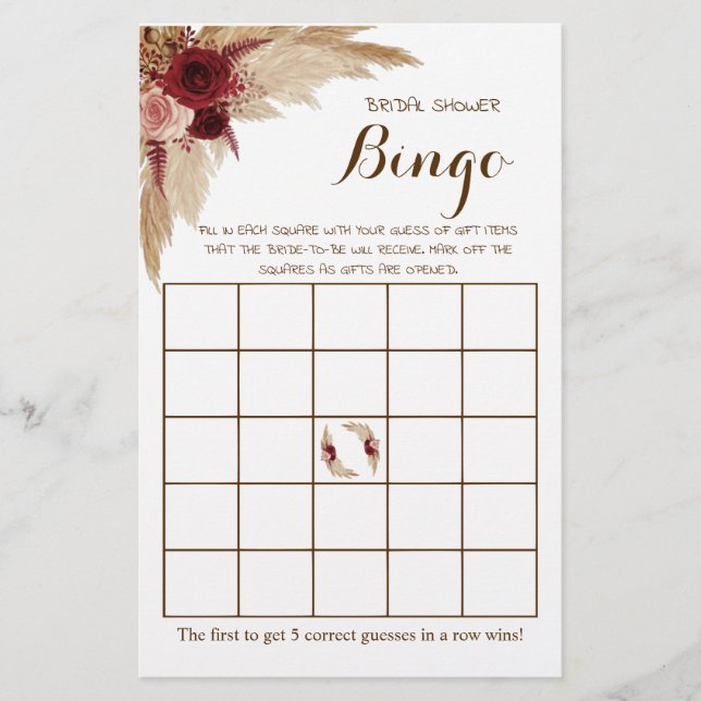 Bridal Shower Bingo Pampas Grass Game Card (Front)