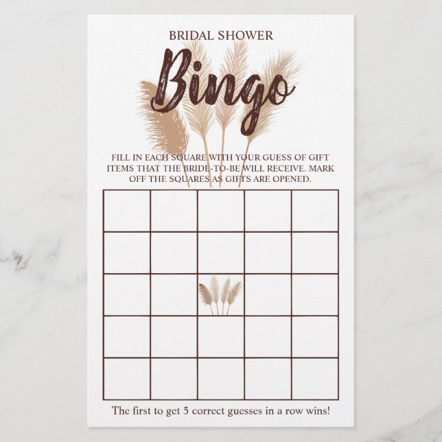 Bridal Shower Bingo Pampas Grass Game Card (Front)