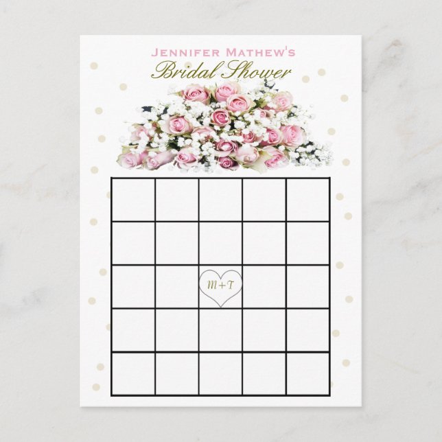 Bridal Shower Bingo | Pink Roses Invitation Postcard (Front)