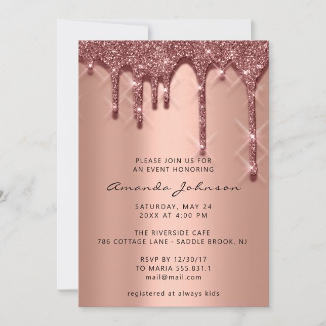 Bridal Shower Birthday 16th 3D Drips Rose Gold Invitation (Front)