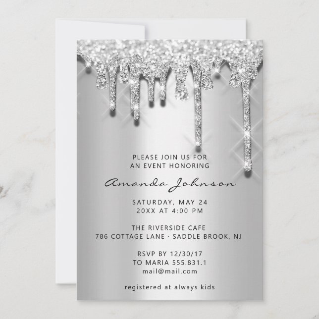 Bridal Shower Birthday 16th Silver Grey 3D Drips Invitation (Front)