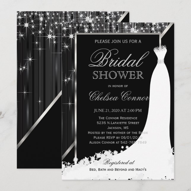 Bridal Shower - Black and Silver Star Lights Invitation (Front/Back)