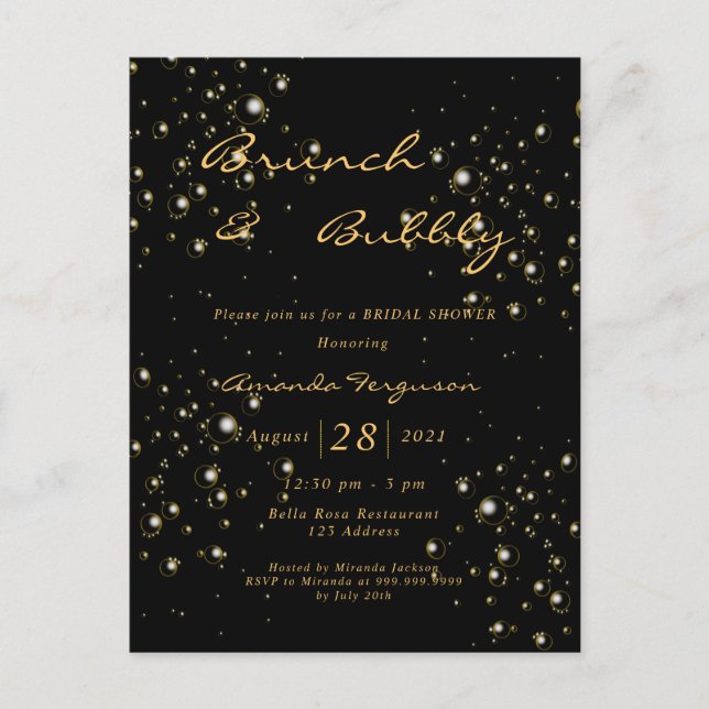 Bridal shower black gold brunch bubbly invitation postcard (Front)
