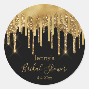 bridal shower black gold dripping glitters wedding classic round sticker