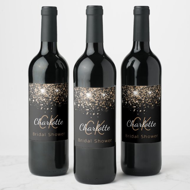 Bridal Shower black gold glitter monogram initials Wine Label (Bottles)