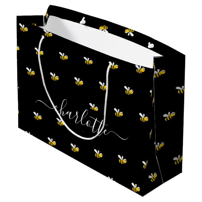 Bridal shower black happy bumble bees monogram large gift bag (Back Angled)