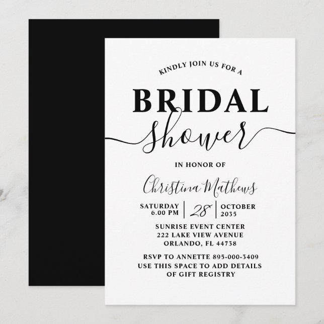 Bridal Shower Black & White Calligraphy Script Invitation (Front/Back)