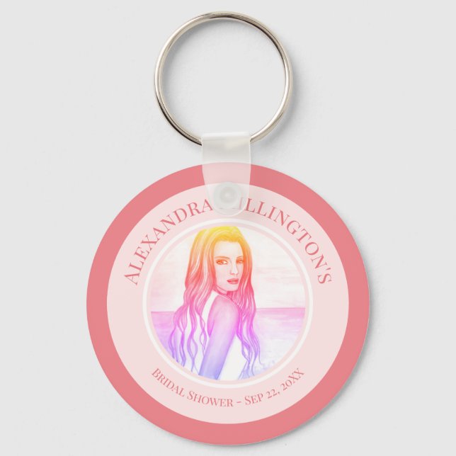 Bridal Shower Blonde Hair Girl on the Beach Circle Keychain (Front)