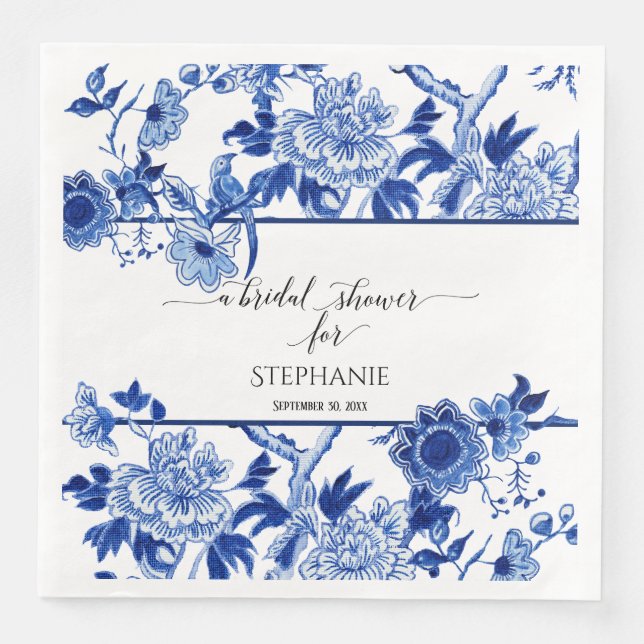 Bridal Shower Blue Chinoiserie Floral Watercolor Napkin (Front)