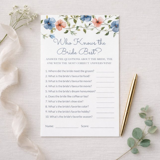 Bridal Shower Blue Floral Who Knows the Bride Game (Creator Uploaded)