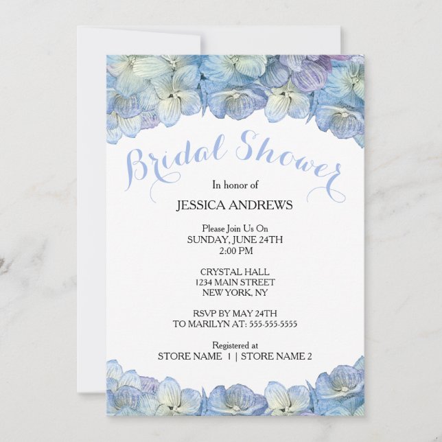 Bridal Shower Blue Hydrangea Watercolor Floral Invitation (Front)